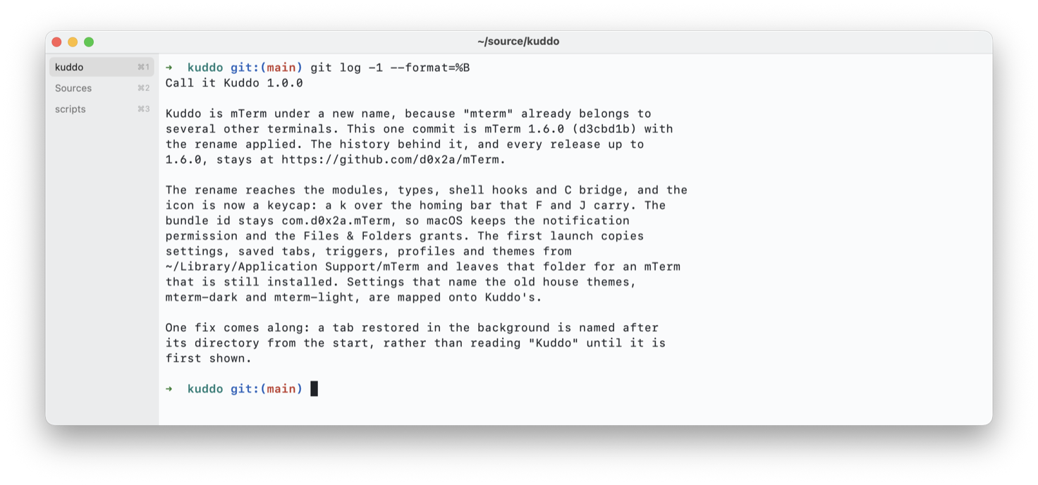 Kuddo showing a git log in the repository, with the tab sidebar on the left