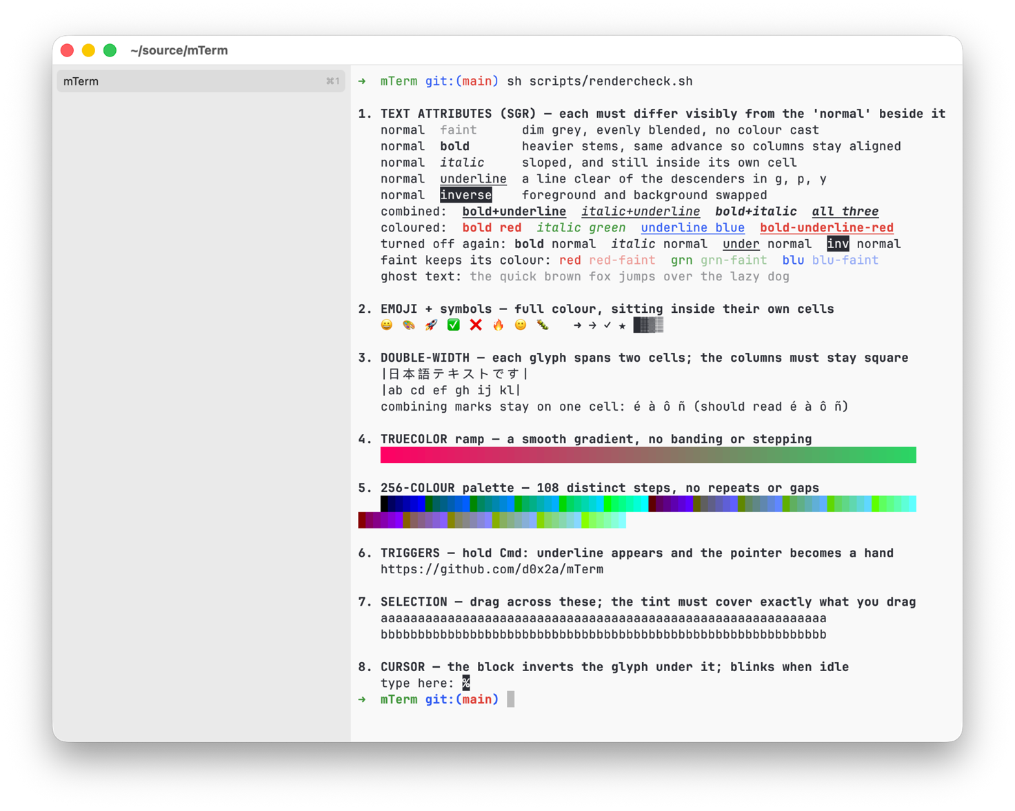 mTerm running scripts/rendercheck.sh: bold, italic, underlined and inverse text, a truecolor gradient, the 256-colour palette, emoji, and double-width Japanese text