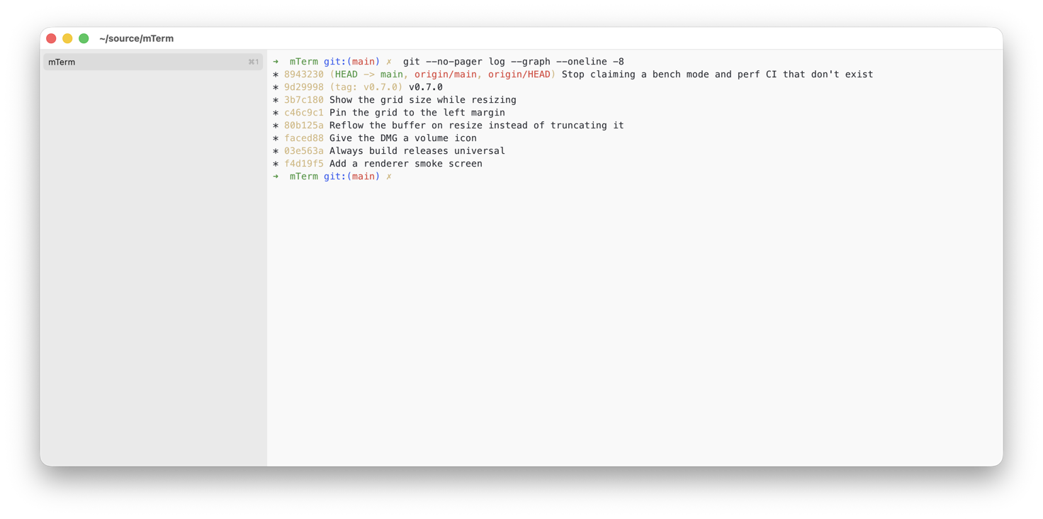 mTerm showing a git log in the repository, with the tab sidebar on the left